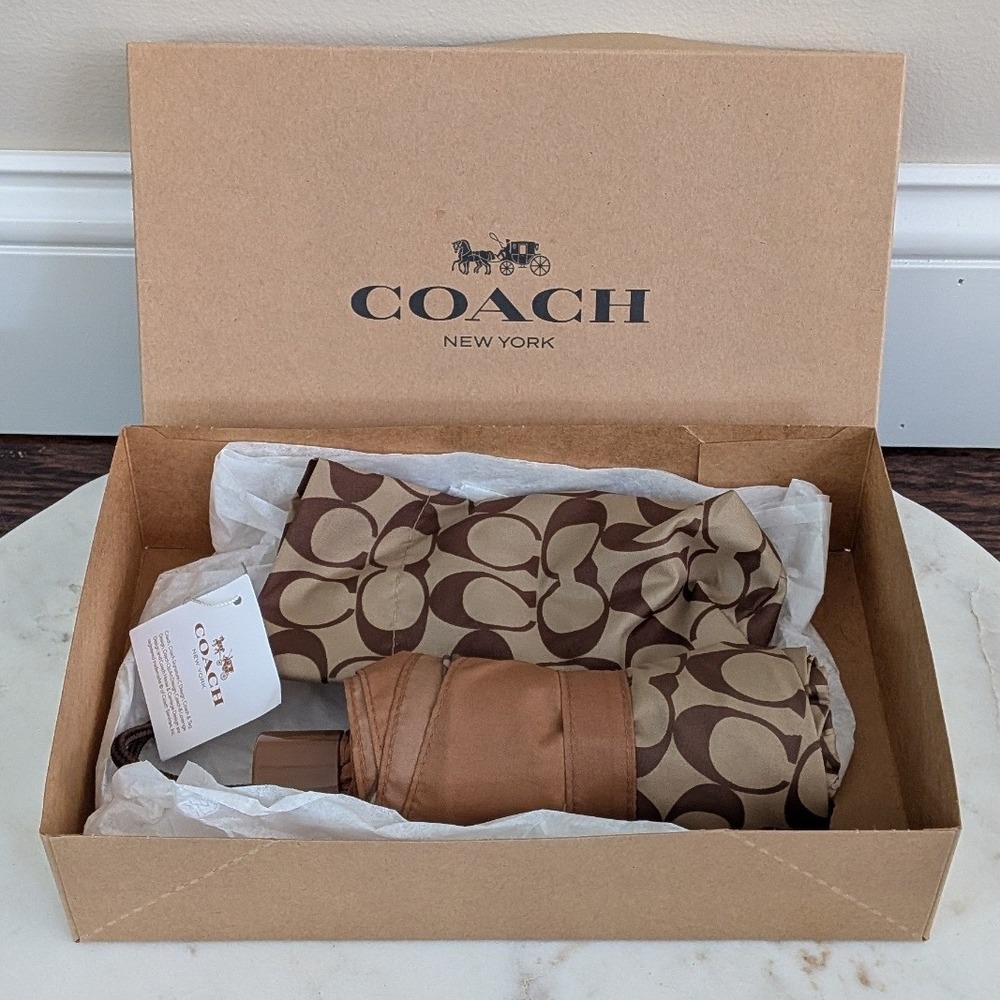 NEW Coach Signature Mini Umbrella Khaki Saddle Brown Monogram Compact F63365 NIB